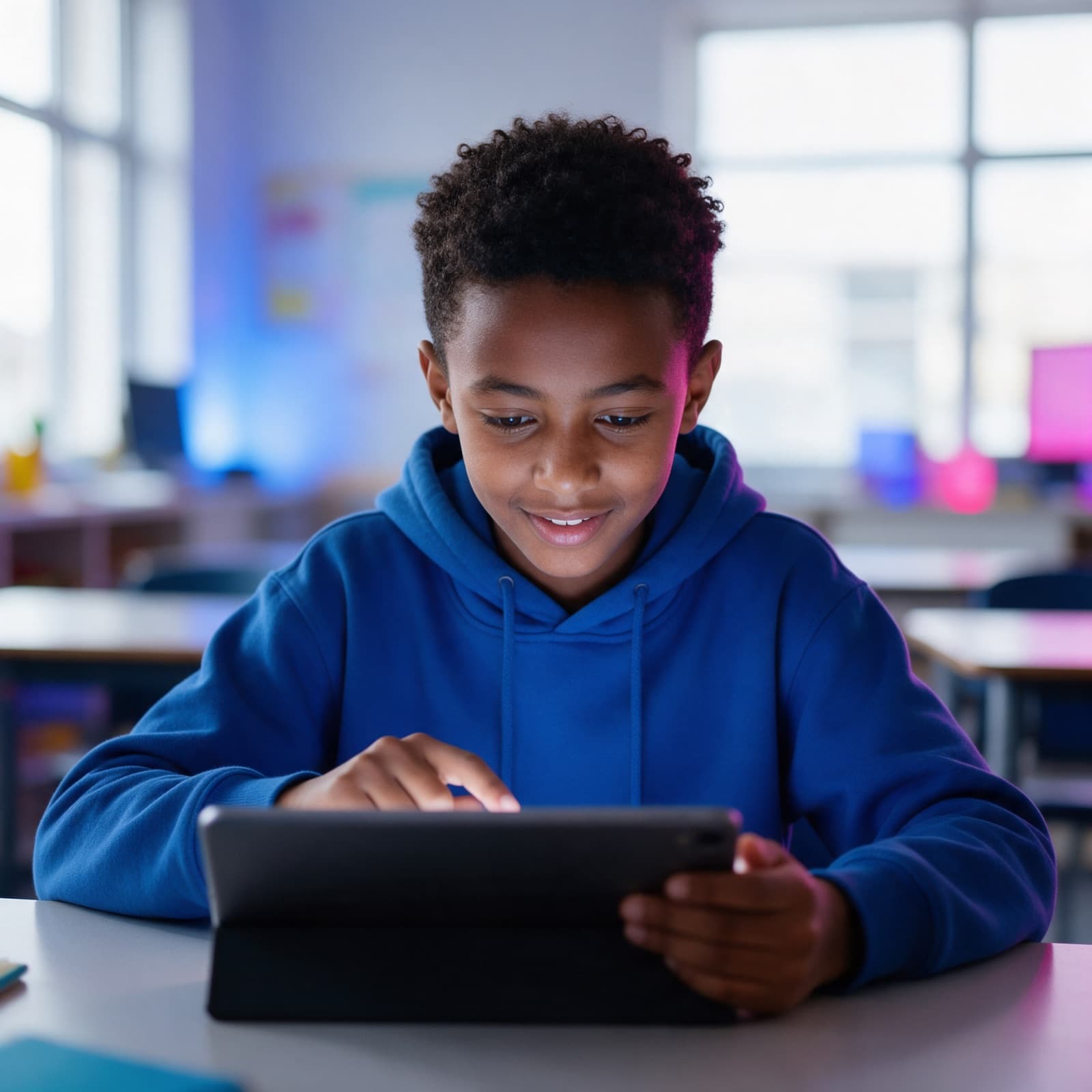 Student learning on a tablet with the Henon adaptive learning app