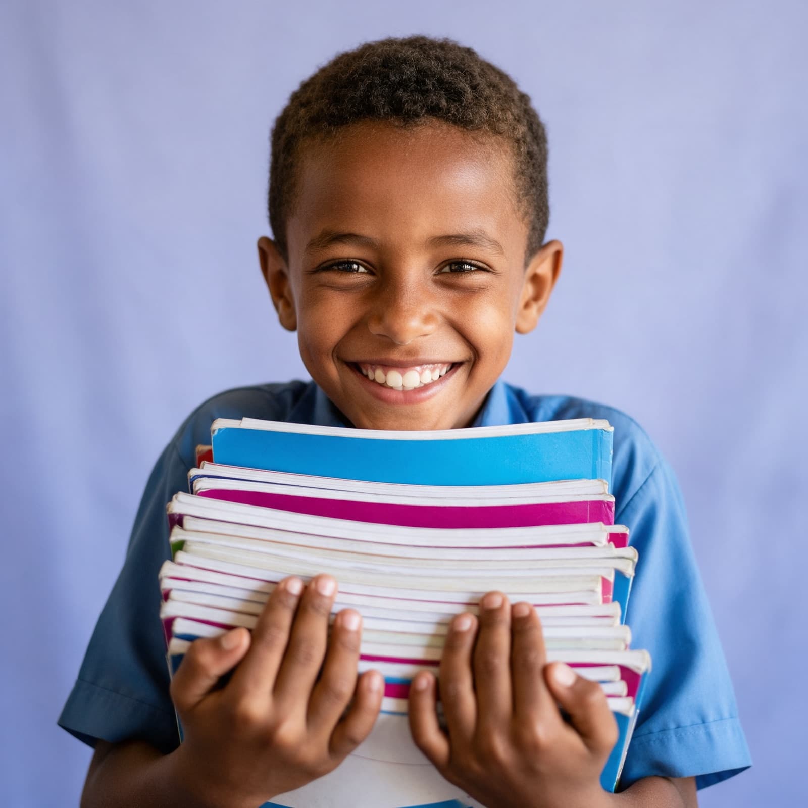 Young student holding a stack of books