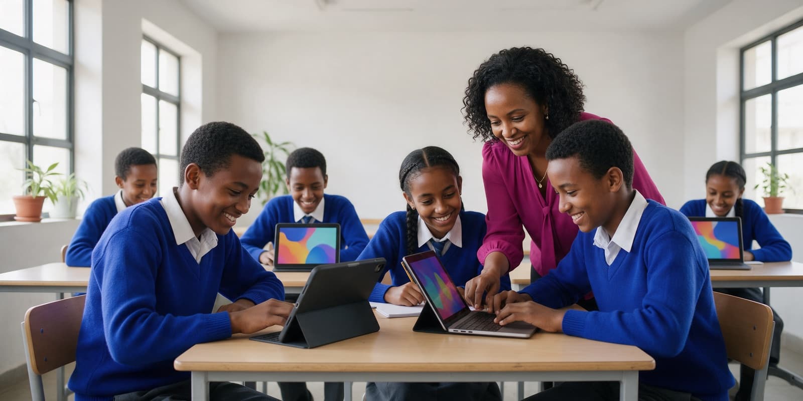 Bright classroom with students and teacher using digital devices