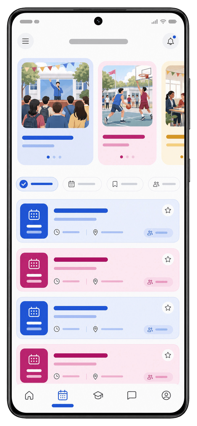 Henon student app showing upcoming school events
