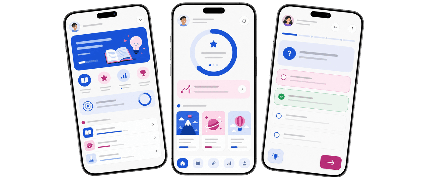 Henon adaptive learning app screens on smartphones