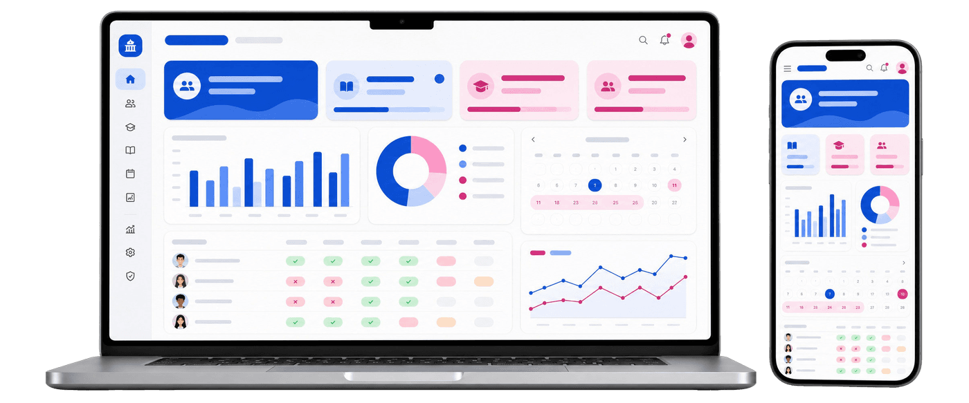 Henon school management dashboard on laptop and phone
