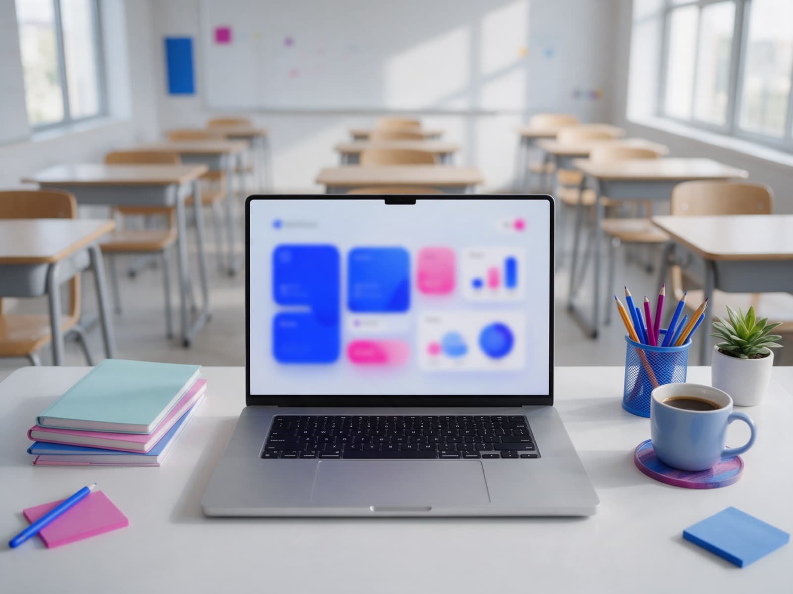 School administrator desk with a laptop running Henon
